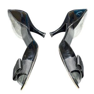 Stuart Weitzman Black Patent Leather Cut Out Peep Toe Heel Grosgrain Bow Size 9N